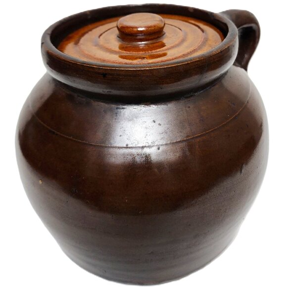 Brown Glaze Stoneware Crock Bean Pot Single Handle with Lid Antique RARE - Picture 3 of 8